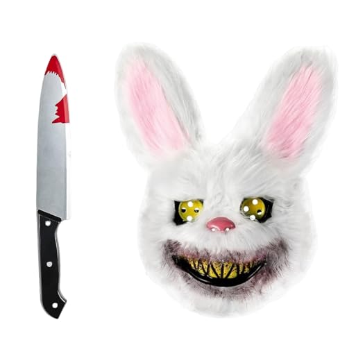 APPCRFM Halloween Horror Maske, Grusel-Hase Party Killer Maske mit blutigem Mund - Realistisches Horror-Kostüm für Halloween & Karneval, Inklusive Blutgefälschtes Messer und Bunny maske von APPCRFM