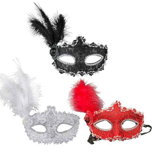 APPCRFM Prom Mask für Karneval,Halloween Party Maskenball,Mardi Gras Deecorations,Damen Kostüm Federn Maske,Halloween Spitzenmaske,Personalisierte PartyMaske,Party Maske,Maskenset3 Stück von APPCRFM