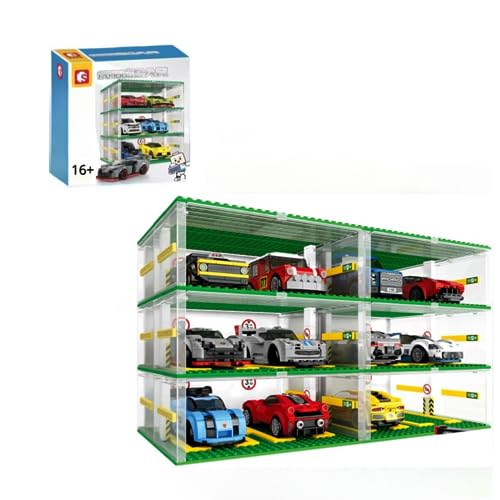 Garage für Speed Champions Autos, DIY Transparentes Parkhaus Modellauto Bausatz, DIY Vitrine 3-Schicht Carport Kompatibel mit Große Marke Bausteine Sportwagen(Ohne Autos) (2Pcs) von APRILA