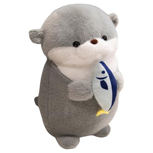 AQCQDQ Otter Kuscheltier Otter Plüschtier mit einem Fisch in der Hand Süßes Otter Spielzeug zum Kuscheln Deko Plushie Puppen Stofftier Geschenke für Kinder (30cm,Grau) von AQCQDQ