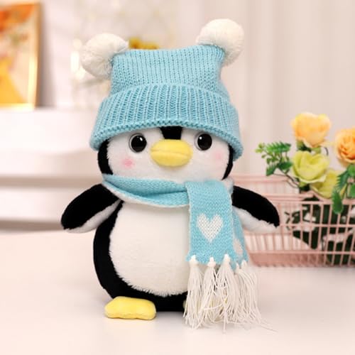 AQCQDQ Pinguin Plüschtier, Pinguin Puppe, Pinguin Stofftier, Kuscheltier Pinguin, Niedlicher Pinguin Mit Hut und Schal Plüschtier-Kissen, für Kinder Jungen Mädchen Babys Geschenke (25cm,Blau) von AQCQDQ