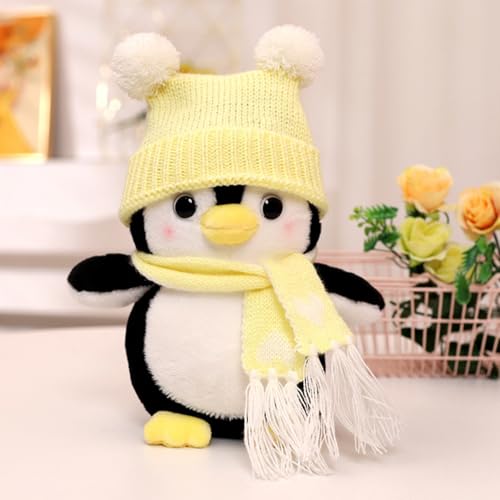 AQCQDQ Pinguin Plüschtier, Pinguin Puppe, Pinguin Stofftier, Kuscheltier Pinguin, Niedlicher Pinguin Mit Hut und Schal Plüschtier-Kissen, für Kinder Jungen Mädchen Babys Geschenke (25cm,Gelb) von AQCQDQ