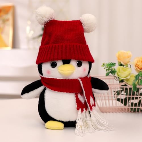 AQCQDQ Pinguin Plüschtier, Pinguin Puppe, Pinguin Stofftier, Kuscheltier Pinguin, Niedlicher Pinguin Mit Hut und Schal Plüschtier-Kissen, für Kinder Jungen Mädchen Babys Geschenke (25cm,Rot) von AQCQDQ