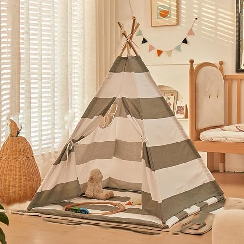 Kindertipi Spielzelt, Tipi Zelt für Kinder, Schlieren Zelt Kinderzimmer Deko, Indoor Spielzimmer, Spielzelt für Mädchen & Jungen, Baumwolle und Hanf,Ohne gepolsterte Decke (1.1 m,Grau) von AQCQDQ