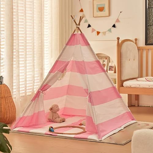 Kindertipi Spielzelt, Tipi Zelt für Kinder, Schlieren Zelt Kinderzimmer Deko, Indoor Spielzimmer, Spielzelt für Mädchen & Jungen, Baumwolle und Hanf,Ohne gepolsterte Decke (1.1 m,Rosa) von AQCQDQ