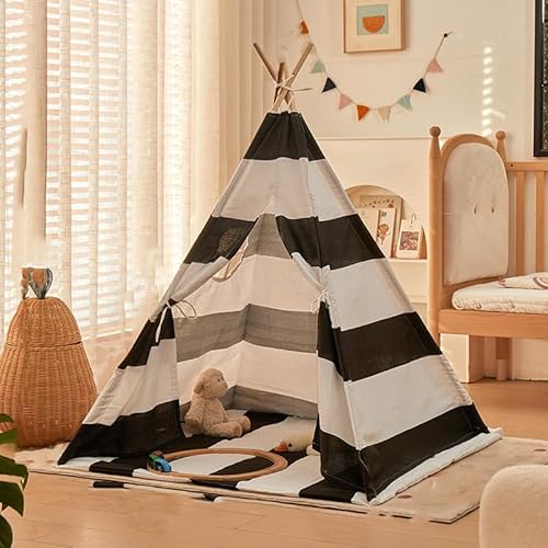 Kindertipi Spielzelt, Tipi Zelt für Kinder, Schlieren Zelt Kinderzimmer Deko, Indoor Spielzimmer, Spielzelt für Mädchen & Jungen, Baumwolle und Hanf,Ohne gepolsterte Decke (1.1 m,Schwarz) von AQCQDQ