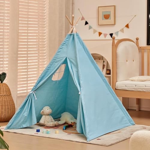 Kindertipi Spielzelt, Tipi Zelt für Kinder, Zelt Kinderzimmer Deko, Indoor Spielzimmer, Spielzelt für Mädchen & Jungen, Baumwolle und Hanf,Ohne gepolsterte Decke (1.1 m,Blau) von AQCQDQ