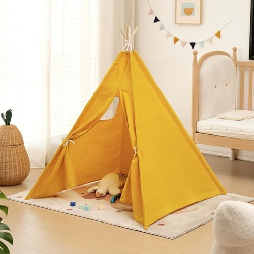 Kindertipi Spielzelt, Tipi Zelt für Kinder, Zelt Kinderzimmer Deko, Indoor Spielzimmer, Spielzelt für Mädchen & Jungen, Baumwolle und Hanf,Ohne gepolsterte Decke (1.1 m,Gelb) von AQCQDQ