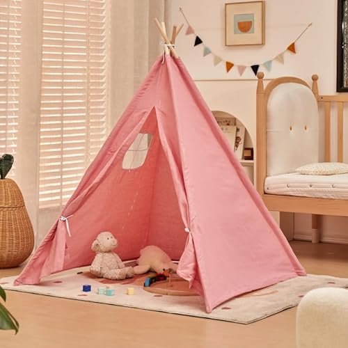 Kindertipi Spielzelt, Tipi Zelt für Kinder, Zelt Kinderzimmer Deko, Indoor Spielzimmer, Spielzelt für Mädchen & Jungen, Baumwolle und Hanf,Ohne gepolsterte Decke (1.1 m,Rosa) von AQCQDQ