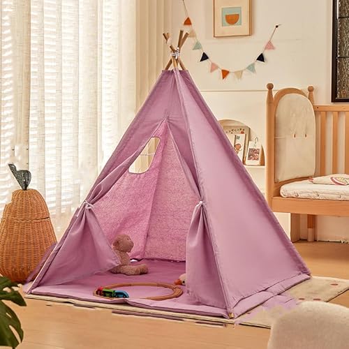 Kindertipi Spielzelt, Tipi Zelt für Kinder, Zelt Kinderzimmer Deko, Indoor Spielzimmer, Spielzelt für Mädchen & Jungen, Baumwolle und Hanf,Ohne gepolsterte Decke (1.1 m,Violett) von AQCQDQ