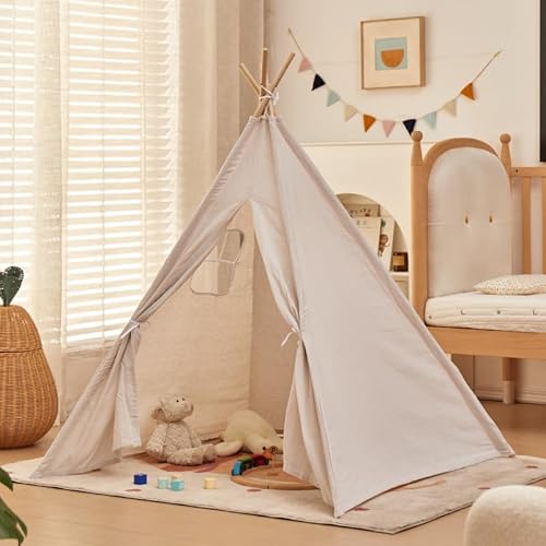 Kindertipi Spielzelt, Tipi Zelt für Kinder, Zelt Kinderzimmer Deko, Indoor Spielzimmer, Spielzelt für Mädchen & Jungen, Baumwolle und Hanf,Ohne gepolsterte Decke (1.1 m,Weiß) von AQCQDQ