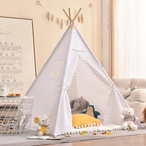 Kindertipi Spielzelt, Tipi Zelt für Kinder, Zelt Kinderzimmer Deko, Kinderzelt Für Drinnen Spielzelt Indoor Spielgeräte Spielzimmer, Faltbares Spielhaus, Babyzimmer Deko für Kleinkinder (1.1 m,Weiß) von AQCQDQ