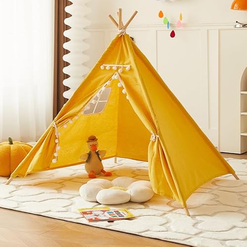 Kindertipi Spielzelt, Tipi Zelt für Kinder, Zelt Kinderzimmer Deko, Kinderzelt Für Drinnen Spielzelt Indoor Spielgeräte Spielzimmer, Faltbares Spielhaus, Babyzimmer Deko für Kleinkinder (1.1 m,Gelb) von AQCQDQ