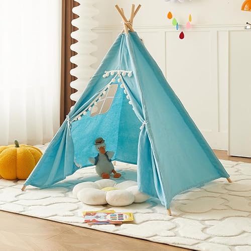 Kindertipi Spielzelt, Tipi Zelt für Kinder, Zelt Kinderzimmer Deko, Kinderzelt Für Drinnen Spielzelt Indoor Spielgeräte Spielzimmer, Faltbares Spielhaus, Babyzimmer Deko für Kleinkinder (1.6 m,Blau) von AQCQDQ