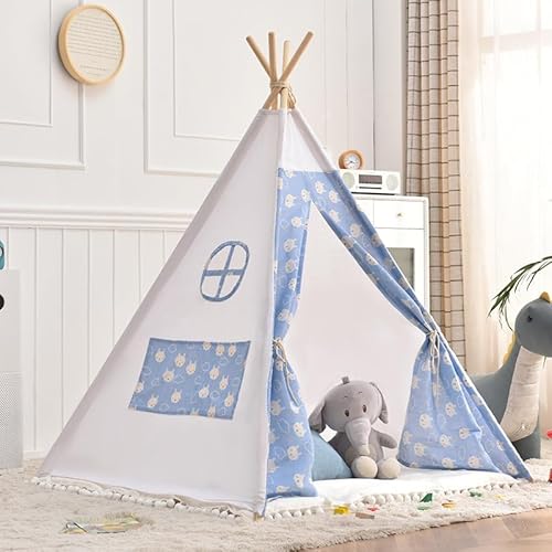 Kindertipi Spielzelt, Tipi Zelt für Kinder, Zelt Kinderzimmer Deko, Kinderzelt Für Drinnen Spielzelt Indoor Spielzimmer, Spielzelt für Mädchen & Jungen, Baumwolle und Hanf (1.1 m,Blaues Kaninchen) von AQCQDQ