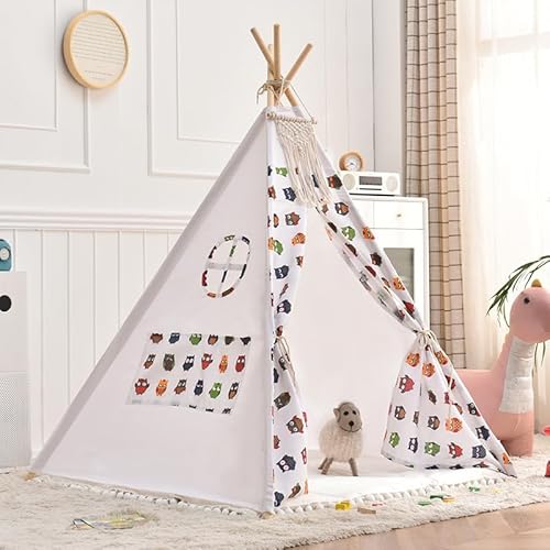 Kindertipi Spielzelt, Tipi Zelt für Kinder, Zelt Kinderzimmer Deko, Kinderzelt Für Drinnen Spielzelt Indoor Spielzimmer, Spielzelt für Mädchen & Jungen, Baumwolle und Hanf (1.1 m,Eule) von AQCQDQ