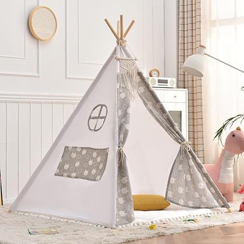 Kindertipi Spielzelt, Tipi Zelt für Kinder, Zelt Kinderzimmer Deko, Kinderzelt Für Drinnen Spielzelt Indoor Spielzimmer, Spielzelt für Mädchen & Jungen, Baumwolle und Hanf (1.1 m,Graues Kaninchen) von AQCQDQ