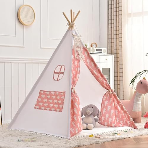 Kindertipi Spielzelt, Tipi Zelt für Kinder, Zelt Kinderzimmer Deko, Kinderzelt Für Drinnen Spielzelt Indoor Spielzimmer, Spielzelt für Mädchen & Jungen, Baumwolle und Hanf (1.1 m,Rosa Bär) von AQCQDQ