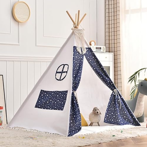 Kindertipi Spielzelt, Tipi Zelt für Kinder, Zelt Kinderzimmer Deko, Kinderzelt Für Drinnen Spielzelt Indoor Spielzimmer, Spielzelt für Mädchen & Jungen, Baumwolle und Hanf (1.1 m,Stern) von AQCQDQ