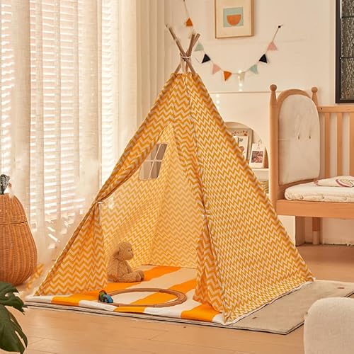 Tipi Zelt für Kinder,Kindertipi Spielzelt,Zelt Kinderzimmer Deko, Indoor Spielzimmer, Spielzelt für Mädchen & Jungen, Baumwolle und Hanf,Ohne gepolsterte Decke (1.1 m,Gelbe Welle) von AQCQDQ