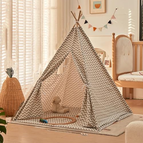 Tipi Zelt für Kinder,Kindertipi Spielzelt,Zelt Kinderzimmer Deko, Indoor Spielzimmer, Spielzelt für Mädchen & Jungen, Baumwolle und Hanf,Ohne gepolsterte Decke (1.1 m,Graue Welle) von AQCQDQ