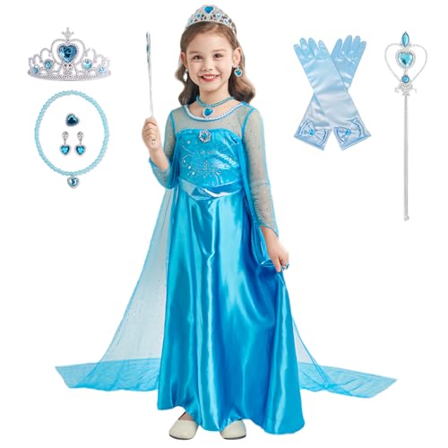 AQRTPXU Elsa Kostüm Mädchen 7-teiliges Set Elsa Kleid mit Krone Diadem Zauberstab Handschuhe für Mädchen Halloween Weihnachten Geburtstag Party Kostüm mädchen Blue Elsa Kleid Kinder Set von AQRTPXU