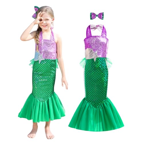 AQRTPXU Meerjungfrau Prinzessin Kostüm Mädchen Arielle Kleid Kinder mit Glitzernde Schleifen-Haarclips für Fasching Halloween Geburtstag Party Karneval Strandparty von AQRTPXU