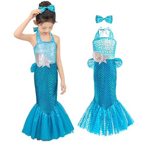 AQRTPXU Meerjungfrau Prinzessin Kostüm Mädchen Arielle Kleid Kinder mit Glitzernde Schleifen-Haarclips für Fasching Halloween Geburtstag Party Karneval Strandparty von AQRTPXU