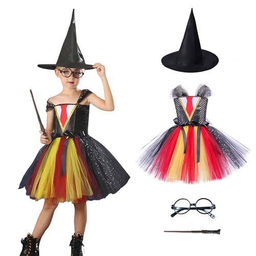 AQRTPXU Zauberer Kostüm, Harry Kostüm Kinder Puffy Dress für Mädchen mit Zauberstab Brille Zauberhut, Halloween Zauberer Kostüm für Cosplay Karneval Verkleidung Party Magier von AQRTPXU