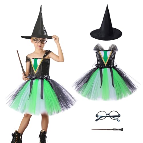 AQRTPXU Zauberer Kostüm, Harry Kostüm Kinder Puffy Dress für Mädchen mit Zauberstab Brille Zauberhut, Halloween Zauberer Kostüm für Cosplay Karneval Verkleidung Party Magier von AQRTPXU