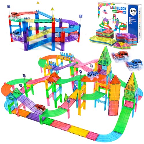 AQXONG 126Pcs Magnetisches Baustein Spielzeug für Bahnrennen, Magnetisches Bauspielzeug mit LED Rennwagen, Magnetisches Konstruktions Spielzeug, Geeignet für Jungen und Mädchen AB 3 Jahren von AQXONG