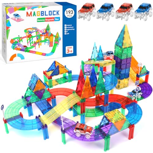 AQXONG 193Pcs Magnetisches Baustein Spielzeug für Bahnrennen, Magnetisches Bauspielzeug mit LED Rennwagen, Geeignet für Jungen und Mädchen AB 3 Jahren von AQXONG