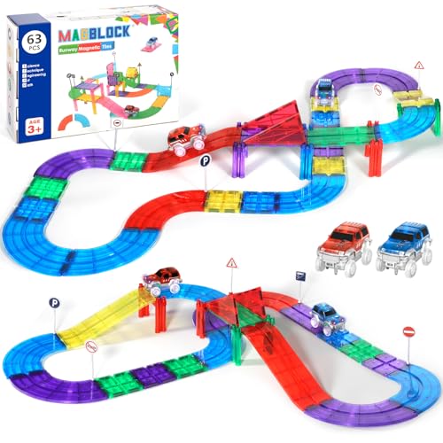 AQXONG 63Pcs Magnetisches Baustein Spielzeug für Bahnrennen, Magnetisches Bauspielzeug mit LED Rennwagen, Magnetisches Konstruktions Spielzeug, Geeignet für Jungen und Mädchen AB 3 Jahren von AQXONG