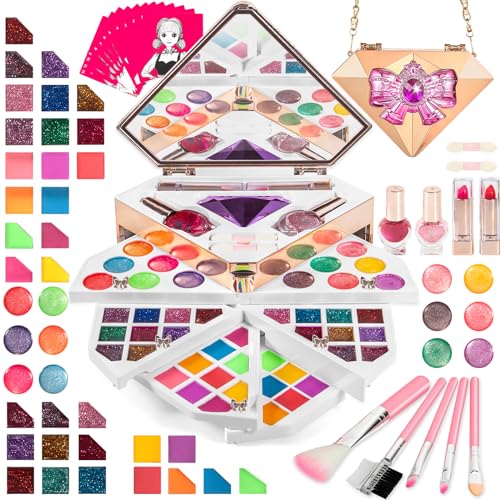 AQXONG Kinderschminke Mädchen, 75 Pcs Waschbare Spielzeug Schminkkoffer, Kinder Make up Set mit Lichtern und Musik, Diamant Kinderschminkkoffer für Mädchen Mädchen ab 3 Jahren von AQXONG