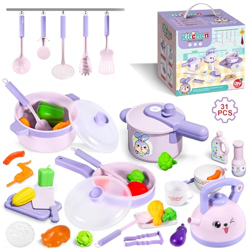 AQXONG Küchenzubehör für Kinder, Kinder Koch Rollen Spielspielzeug, küchenspielzeug mit Töpfen und Pfannen, Das Backspielzeugset für Kinder ist für Jungen und Mädchen ab 3 Jahren Geeignet - 31Pcs von AQXONG