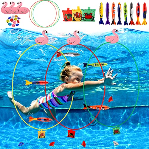 AQXONG Pool Spielzeug Tauchringe Set, 29 Pcs Tauchspielzeug für Kinder mit Tauchringe Tauchtorpedo, Unterwasserspielzeug für Kinder, Tauch spielzeuggeschenke für 5 6 7 8 9 jährige Jungen und Mädchen von AQXONG