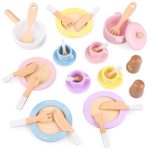 ARANEE Teeservice Kinder Holz Spielzeug Spielküchenzubehör Rollenspiele Kinder Teeparty Macaron-Farbe Mit Suppentopf, Bratpfanne unda Großem Löffel von ARANEE