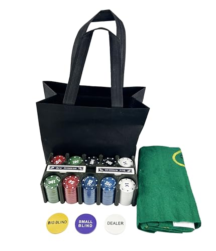 Poker-Set, Metallbox oder Stofftasche, 200 Pokerchips, 2 Decks, Dealer-Knopf, kleiner Blind, Big Blind, Spielmatte (Stoffbeutel) von ARBUTUS