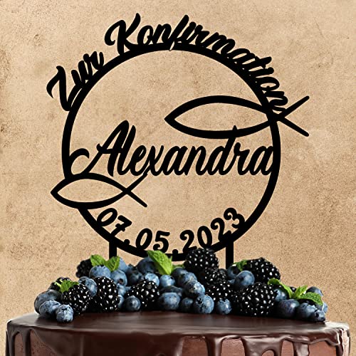 Wunschtext Cake Topper aus Acryl zur Konfirmation | personalisiert mit Namen und Datum | Kuchendeko Tortenstecker | schwarz | Kuchendekoration und Tortenschmuck 100% Made in Germany von AREA17