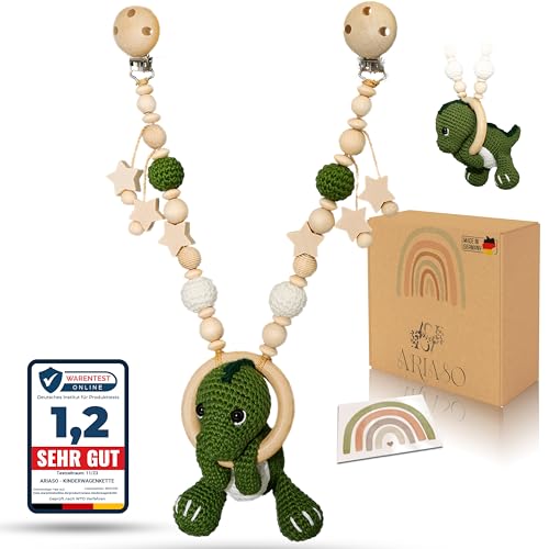 ARIASO® Kinderwagenkette - Dino- Design aus Holz und Baumwolle gehäkelt - Geschenk zur Geburt für Mädchen und Jungen ab 0+ Monate - inkl. Geschenkkarte von ARIASO