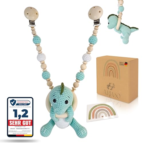 ARIASO® Kinderwagenkette aus Holz und Baumwolle gehäkelt Kinder Baby Spielzeug Holz Kette für Kinderwagen geeignet für Mädchen und Junge ab 0+ Monate inkl. Geschenkkarte (Dino Türkis) von ARIASO