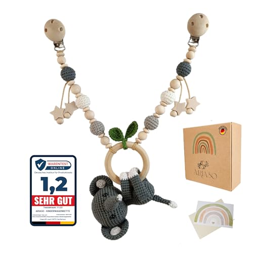 ARIASO® Kinderwagenkette aus Holz und Baumwolle gehäkelt Kinder Baby Spielzeug Holz Kette für Kinderwagen geeignet für Mädchen und Junge ab 0+ Monate inkl. Geschenkkarte (Elefant Anthrazit) von ARIASO