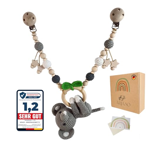 ARIASO® Kinderwagenkette aus Holz und Baumwolle gehäkelt Kinder Baby Spielzeug Holz Kette für Kinderwagen geeignet für Mädchen und Junge ab 0+ Monate inkl. Geschenkkarte (Elefant Grau) von ARIASO