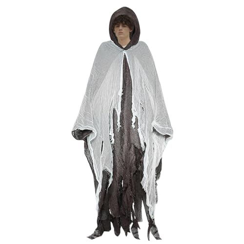 Geisterhaftes Geist-Outfit – Leinen-Stoff Scream-Kostüm | Gruseliger Halloween-Umhang | Erwachsenen-Umhang mit Kapuze | weißes Netz-Design, Verkleidungs-Cape Requisiten für Motto-Tänze, von ARIOU