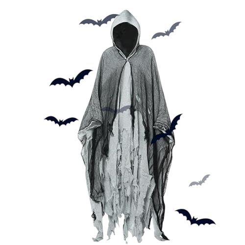 Geisterhaftes Geist-Outfit – Leinen-Stoff Scream-Kostüm | Gruseliger Halloween-Umhang | Erwachsenen-Umhang mit Kapuze | weißes Netz-Design, Verkleidungs-Cape Requisiten für Motto-Tänze, von ARIOU