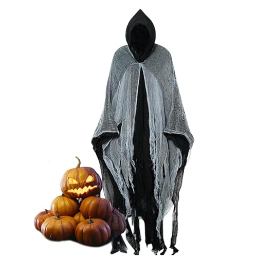 Geisterhaftes Geist-Outfit – Leinen-Stoff Scream-Kostüm | Gruseliger Halloween-Umhang | Erwachsenen-Umhang mit Kapuze | weißes Netz-Design, Verkleidungs-Cape Requisiten für Motto-Tänze, von ARIOU