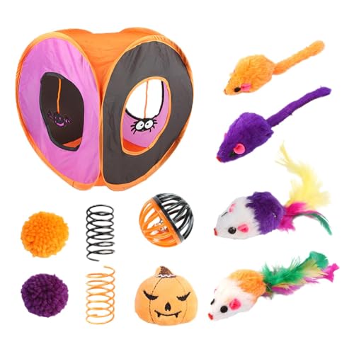 Halloween Katzentunnel Spielzeug Set - Indoor Katzentunnel Spielzeug | Katzentunnel Spielzeug Set | Halloween Faltbare Katze Würfel Tunnel Spielzeug, Interaktives Spielzeugset Feder Feder Ball von ARIOU