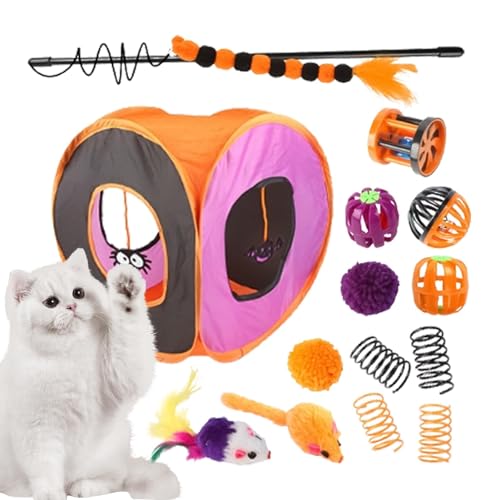 Halloween Katzentunnel Spielzeug Set - Indoor Katzentunnel Spielzeug | Katzentunnel Spielzeug Set | Halloween Faltbare Katze Würfel Tunnel Spielzeug, Interaktives Spielzeugset Feder Feder Ball von ARIOU