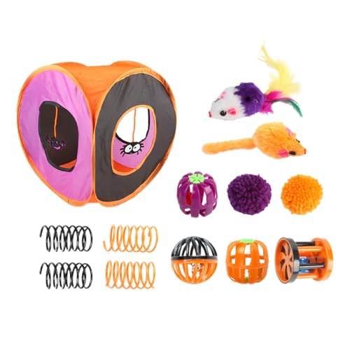 Halloween Katzentunnel Spielzeug Set - Indoor Katzentunnel Spielzeug | Katzentunnel Spielzeug Set | Halloween Faltbare Katze Würfel Tunnel Spielzeug, Interaktives Spielzeugset Feder Feder Ball von ARIOU