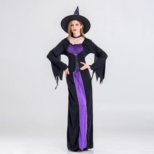 Cosplay Hexenkleid für Frauen mit langem Rock und Hut für Halloween-Feier (S, Schwarz) von ARMYJY